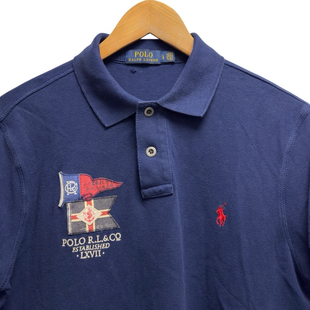 Polo Ralph Lauren Mens Sz L Navy Blue Embroidered Flag Rugby Pony Pique Vtg Polo
